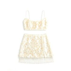 PEARL BEADED SEQUIN FRINGE MINI SKIRT TWO PIECE SET CO ORD PAILLETTE MAJORELLE